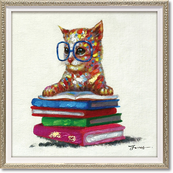 オイルペイントアート「キャット オン ブックス(Sサイズ)」