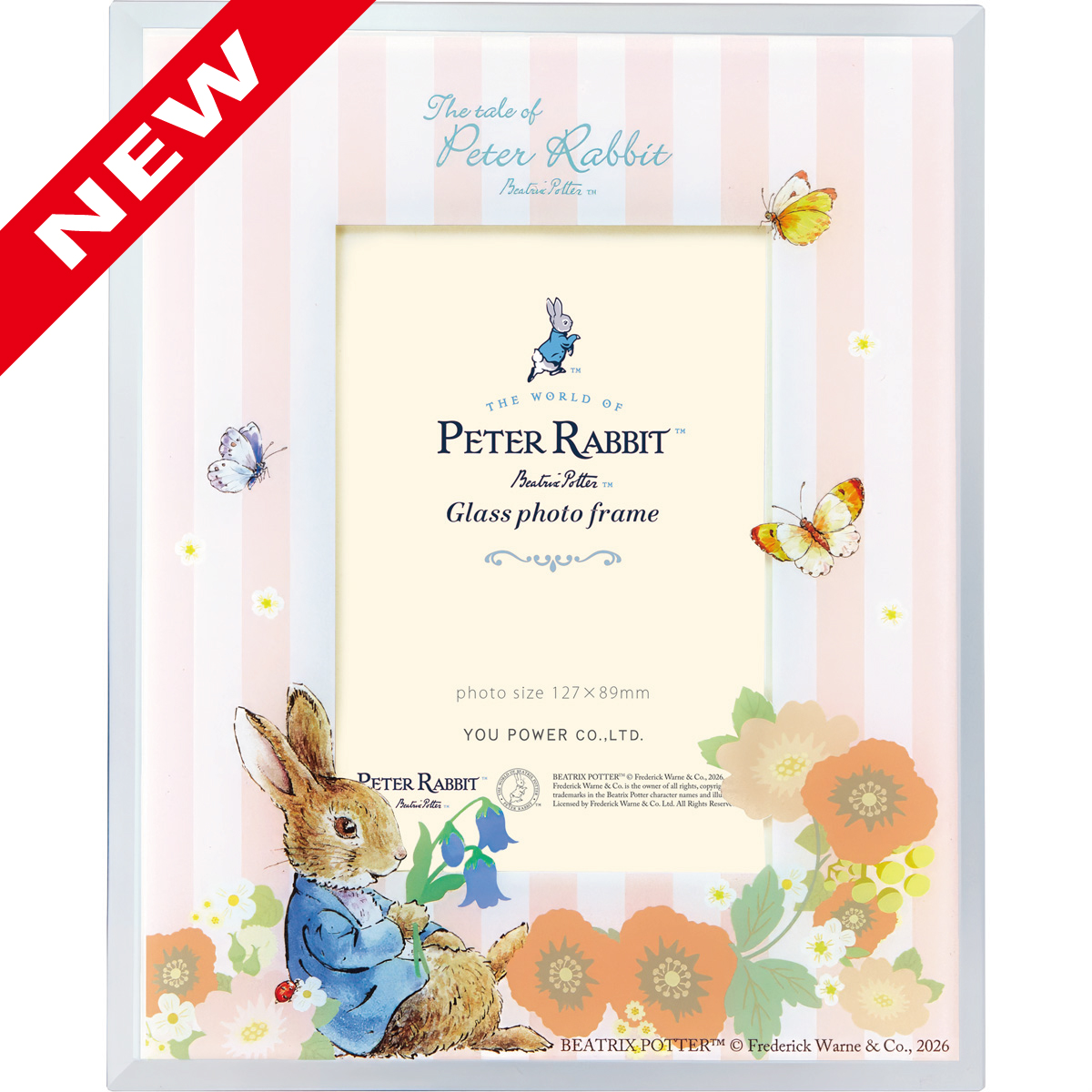 ピーターラビットガラスフォトフレーム「ピーターとフラワー（ピンク）」