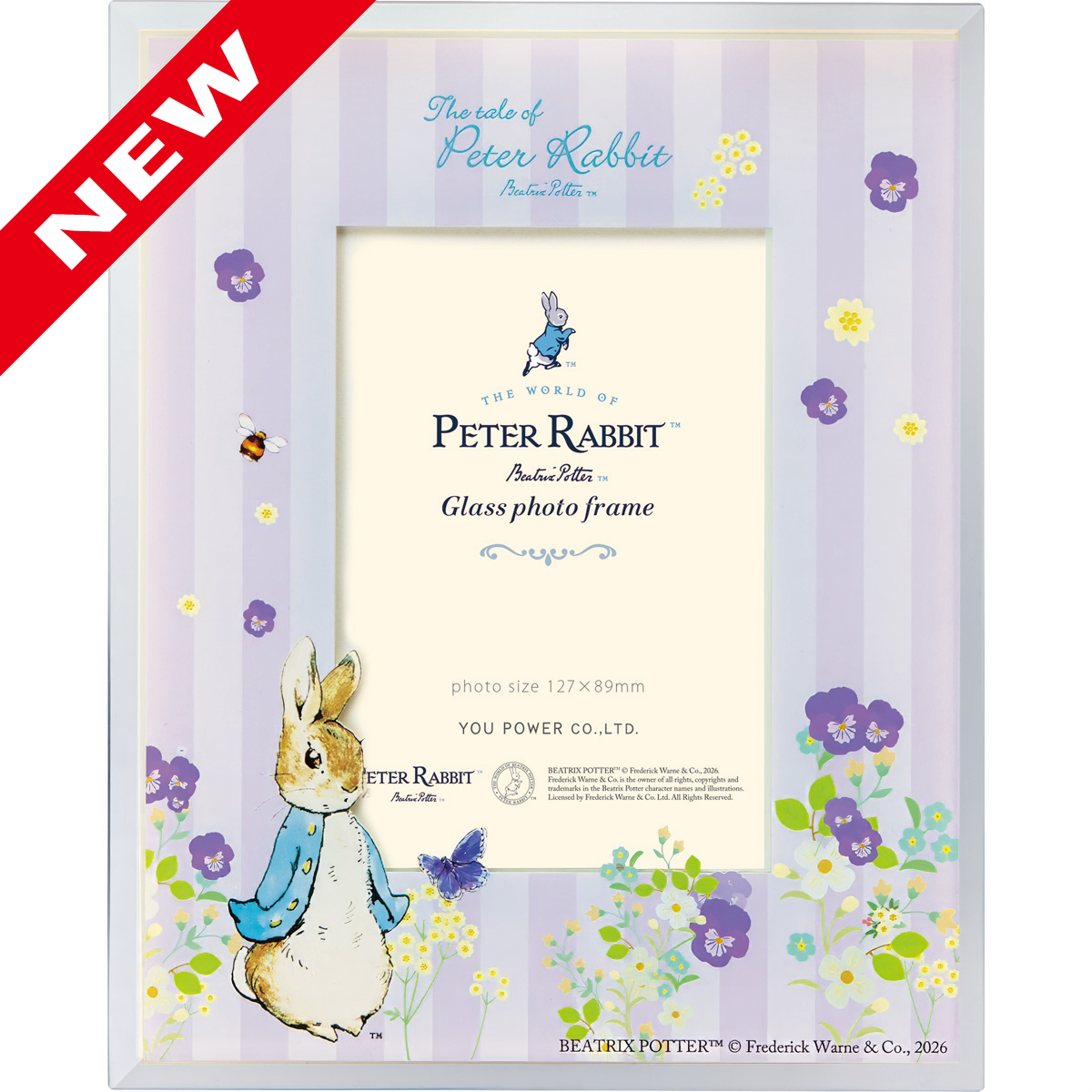 ピーターラビットガラスフォトフレーム「ピーターとフラワー（パープル）」